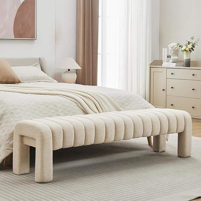 63" Bedroom Bench, Upholstered Entryway Bench, Modern End of Bed Ottoman with Solid Wood Legs and Adjustable Foot Pegs for Entryway, Dining Room and Living Room (Beige Linen)