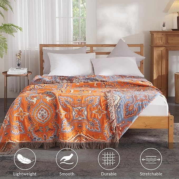 Boho Throw Blanket for Couch Sofa Bed, 100% Cotton Woven Quilt with Tassel 80”x90”, Super Soft Muslin Blanket with Oriental Universe Printed, Decorative Reversible Bed Blanket/Cover for All Seasons