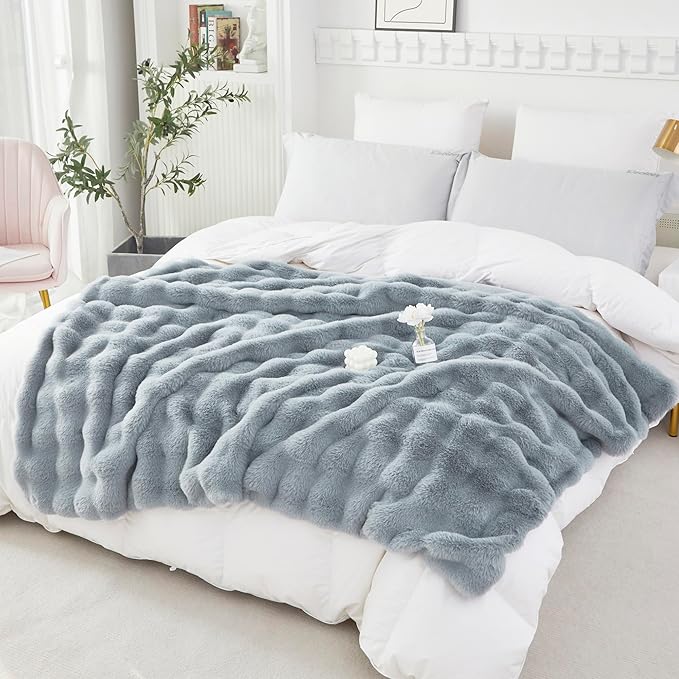RYNGHIPY Faux Fur Throw Blanket Double Side Thick and Warm for Couch Plush Fluffy Faux Rabbit Fur Decoration for Sofa Chair and Bed Grey Winter Blanket (Grey, 51''x63'')