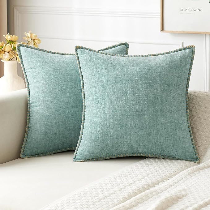 MIULEE Pack of 2 Couch Throw Pillow Covers 18x18 Inch Coastal Aqua Blue Farmhouse Decorative Pillow Covers with Stitched Edge Soft Chenille Solid Dyed Spring Pillow Covers for Sofa Bed Living Room