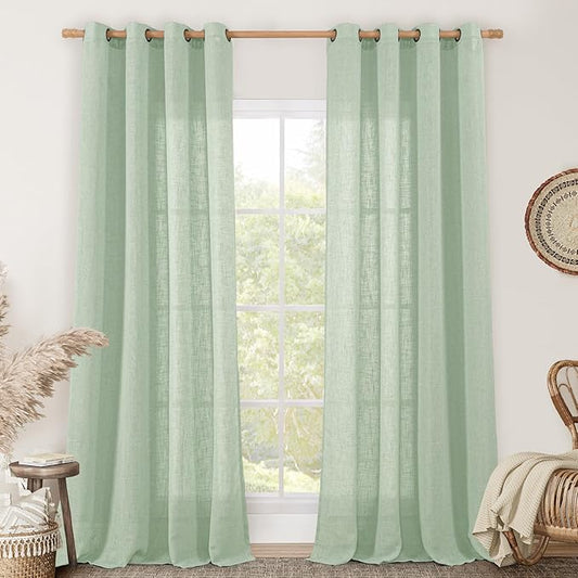 LAMIT Linen Curtains for Living Room 84 inch Length 2 Panels, Light Filtering Semi Sheer Panels Bronze Grommet Farmhouse Drapes for Bedroom/Sliding Glass Door, Fresh Green, 52 x 84 Inch