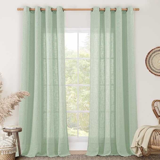 LAMIT 95 Inches Long Fresh Green Linen Curtains for Living Room, Bronze Grommet Linen Textured Curtains Light Filtering Boho Drapes for Bedroom/Dining Room, Set of 2, 52 x 95 Inch