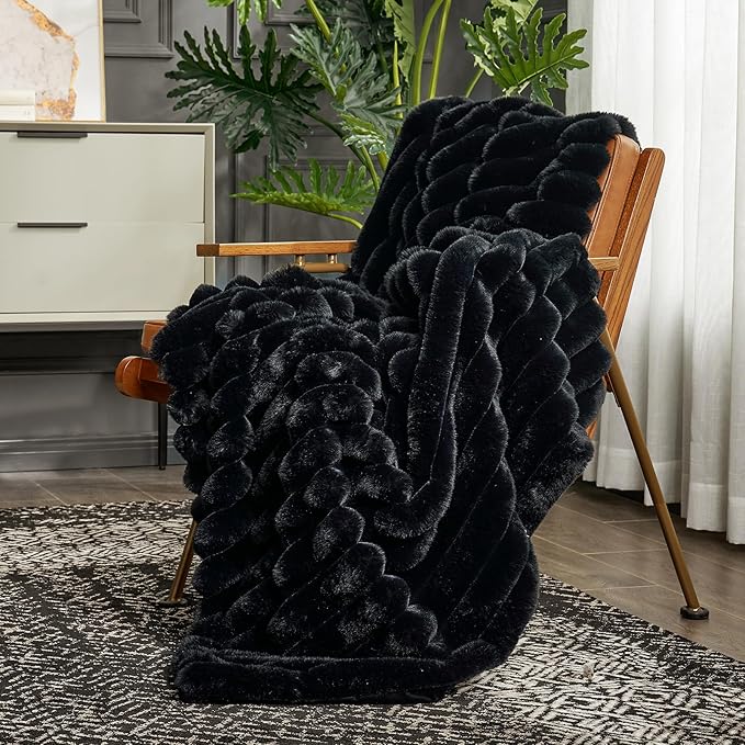 Cozy Bliss Faux Fur Throw Blanket for Couch, Cozy Warm Plush Striped Blanket for Sofa Bedroom Living Room,60 * 80 Inches Black