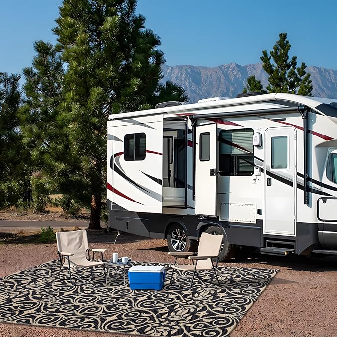 OLANLY Outdoor Rug Waterproof 5x8 ft Clearance, Reversible Outdoor Plastic Straw Rug with Floral Pattern, RV Mat for Patio, Camping, Balcony, Deck, Backyard, Black & Beige