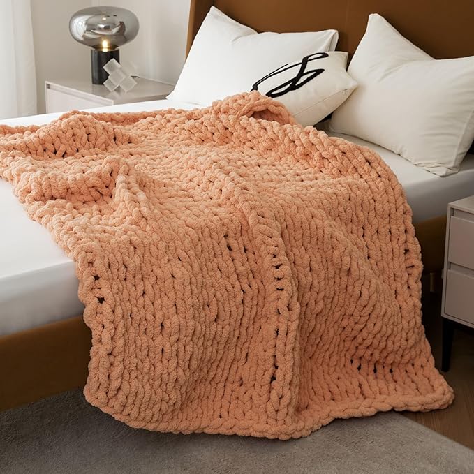 WESHIONGOO Chunky Knit Blanket Throw Knitted Throw Blankets for Couch Bed Fluffy Soft Blanket with Jumbo Chenille Yarn Thick 100% Handmade(Peach Fuzz, 50"×60")