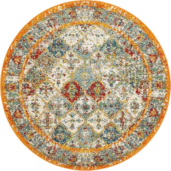 Unique Loom Rosso Collection Vintage, Traditional, Bohemian, Geometric, Distressed, Southwestern Area Rug, 4' 0" x 4' 0", Multi/Orange