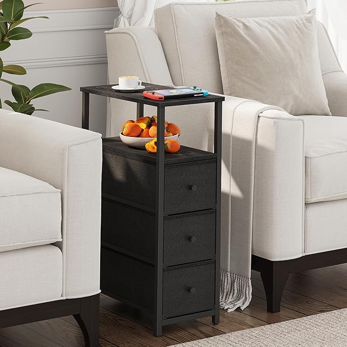 TUTOTAK Narrow Night Stand, Slim End Table, Tall Side Table with 3 Fabric Drawer, Small Bedside Table with Storage, Set of 2, for Living Room, Bedroom, Black TB01BK072