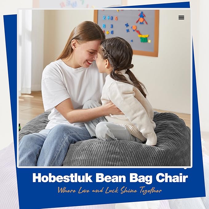 Hobestluk 4.5FT Bean Bag Chair Giant Bean Bag Chair with Filler Included Adult Bean Bag Chairs with Removable Cover for Bedroom Living Room - (Jumbo, Grey)