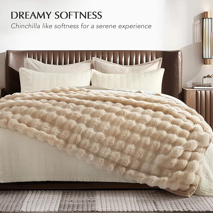 EVERGRACE Ultra Soft Luxury Fluffy Ridgeline Faux Rabbit Fur Throw Blanket, Thick Warm Bubble Throw for Bed, Cozy Plush Reversible Blankets for Couch, Chair, Sofa, Cream, 50x60 Inches, 870 GSM
