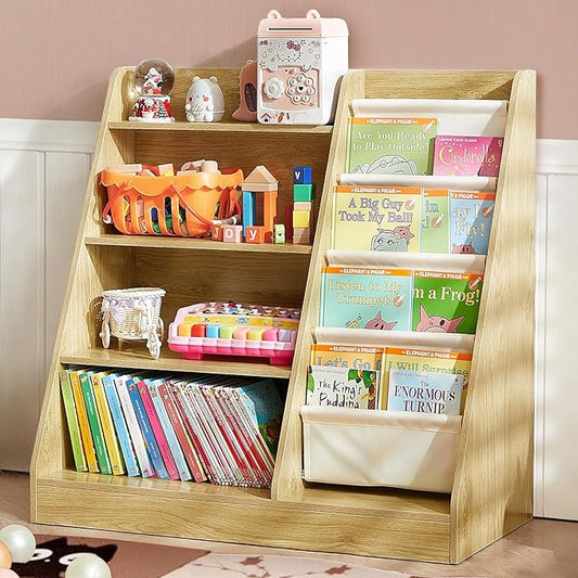 Kids Bookshelf, 4-Tier Kids Wooden Bookshelf with Toy Storage Montessori Toy Shelf, 32”L x 16”D x 32”H Nursery Bookshelves Childrens Bookcase Baby Toddler Book Shelf for Kids Rooms Clearance