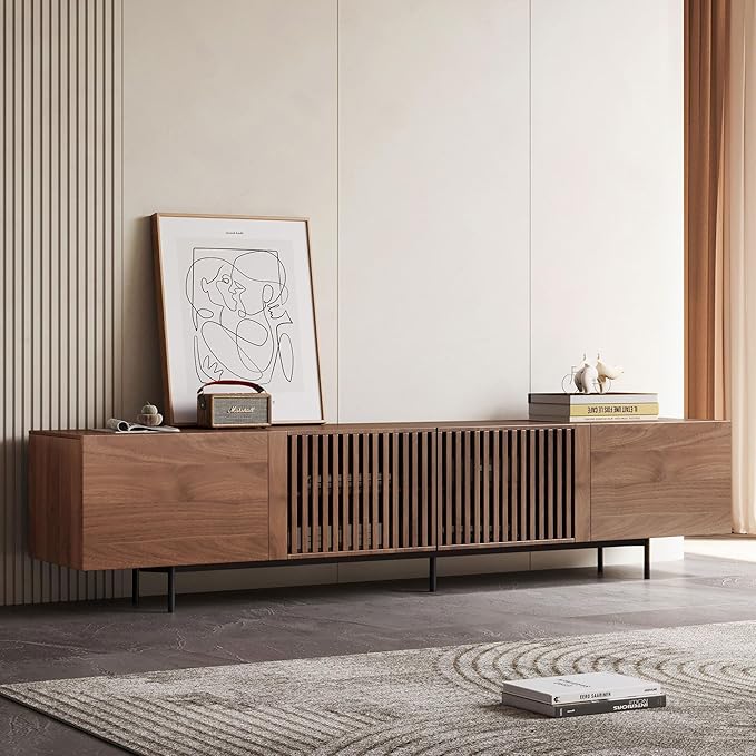 Mid Century Modern TV Stand for 80+ Inch TVs, 94.48" Walnut Console with Ample Storage – Stylish Entertainment Center for Living Room or Bedroom