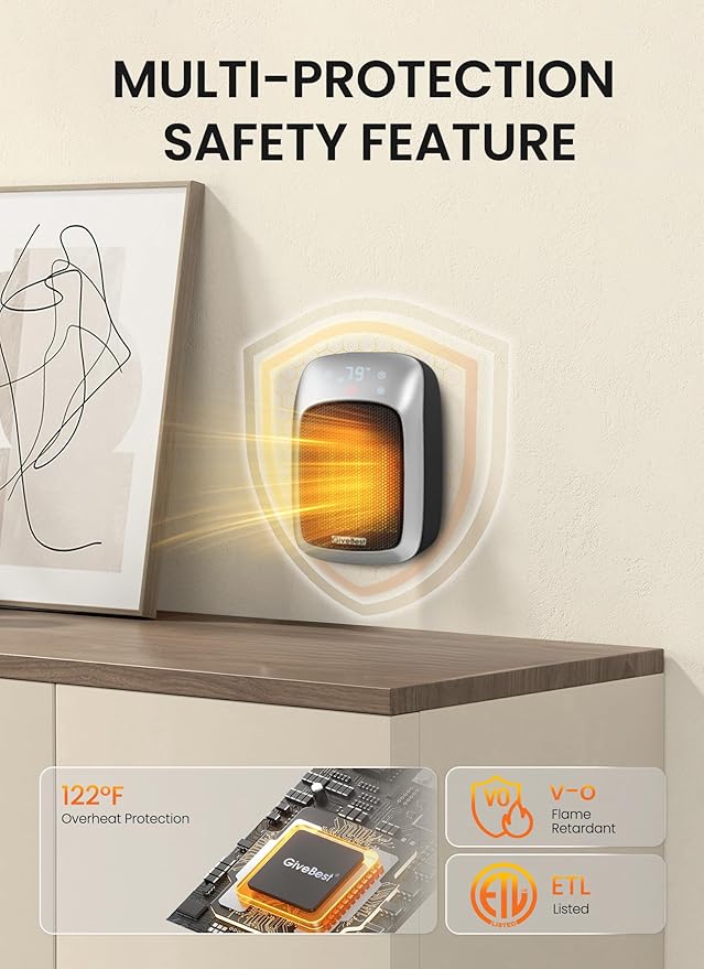 GiveBest 800W Plug-in Wall Space Heater With Remote, Small Outlet Heater With Adjustable Thermostat, 12H Timer, LED Display for RV, Home Office, Bathroom Indoor Use