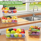 2 Tier Fruit Basket for Kitchen Counter with 2 Banana Hangers, Countertop Metal Fruit Bowl with Wooden Handle, Large Storage Stand for Vegetables, Snacks, Breads, Produce Storage – White