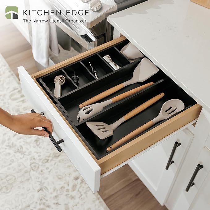 Adjustable Kitchen Drawer Organizer for Utensils and Junk, Food-Safe Contract Grade with 100% Sustainable Wood, Expandable from 10.5 to 19 Inches Wide - Black Bamboo