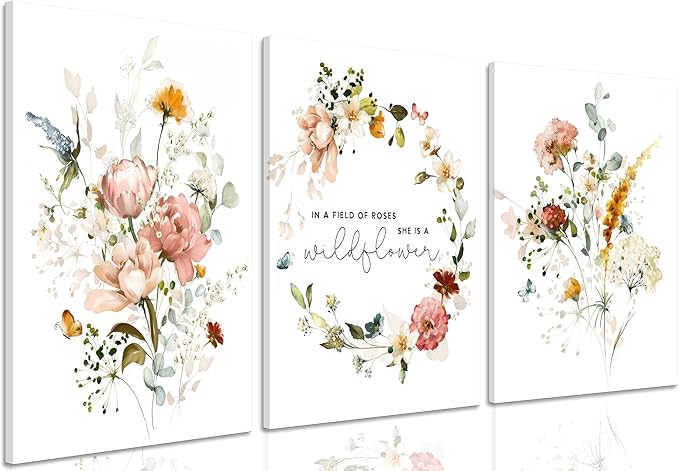 3Pcs Framed Watercolor Flowers Canvas Wall Art In A Field Of Roses She Is A Wildflower Painting Picture Wall Decor Pink wreath Poster Print Artwork for Nursery living room Girls Room Home Decoration
