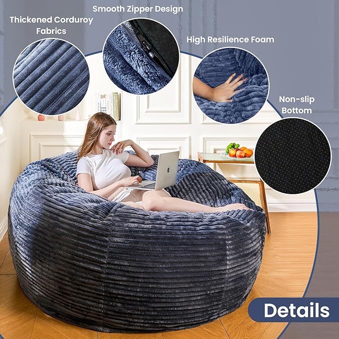Large Bean Bag Chair, 5FT Giant Beanbag Chairs with Memory Foam Filled, Bean Bag Chairs for Adults, Ultra Soft Lazy Sofa for Living Room Bedroom (Gery)