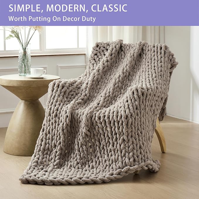 Bigacogo Chunky Knit Throw Blanket for Couch, 60x80 inches, 100% Hand Knitted with Thick Jumbo Chenille Yarn, Cozy Soft Large Rope Knot Cable Crochet Blankets for Sofa Bed Living Room, Taupe
