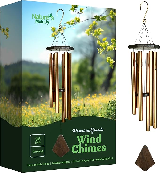 Nature’s Melody Premiere Grande Tunes Wind Chimes – Outdoor Windchime with 6 Tubes Tuned to E Pentatonic Scale, Rustproof Aluminum, Beech Wood & S Hook Hanger for Sympathy, Memorial Gift or Zen Garden