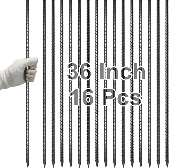 VVOKGO Rebar Stakes 36 Inch 16-Pack Concrete Form Stakes Heavy Duty Straight Ground Anchors, 3/8" Diameter Metal Steel Spikes with Chisel Point End for Plant Support, Garden Border,Landscape Edging