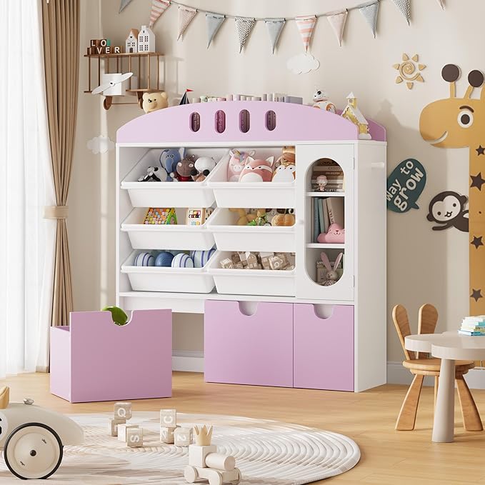 FOTOSOK Toy Organizers and Storage with Door, Playroom Organization, Bookshelf and Bookcase with 3 Drawers and 6 Mobile Bins, Toy Storage Organizer for Living Room