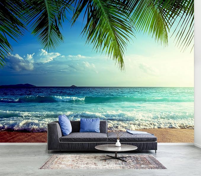 WFBHUA-Large Beach Scene Wallpaper Mural Dusk Waves Wall Murals for Bathroom Living Room Bedroom(Not Peel and Stick)