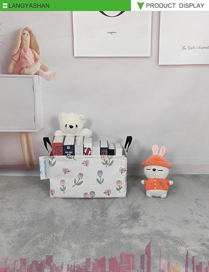 LANGYASHAN Rectangular Storage Bin Collapse Canvas Fabric Cartoon Storage Basket with Handles for Organizing Home Kitchen Boys and Girls Toys Office Closet Shelf Baskets (Rec Romantic Tulip)