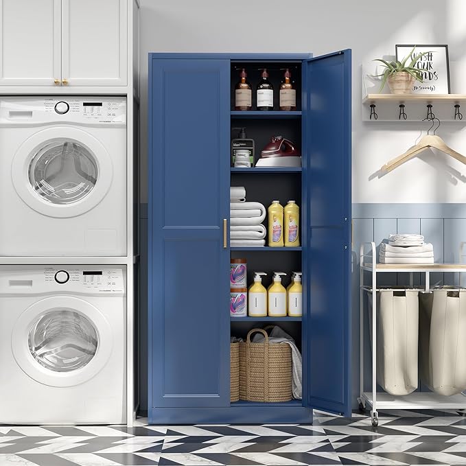 Kitchen Pantry Cabinet,71”Blue Metal Pantry Storage Cabinets with Doors and 4 Adjustable Shelves,Kitchen Cabinet with 2 Gold Handles,Tall Cabinet for Livingroom,