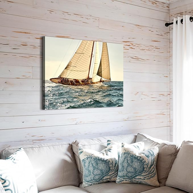 ARTISTIC PATH Coastal Nautical Canvas Wall Art - Ocean Sailboat Artwork Seascape Sailing Prints Wave Boat Picture Sunset Marine Painting for Living Room