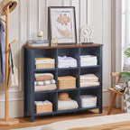 9 Cube Bookcase, Farmhouse 47 Inch Wide Navy Blue Bookshelf, Wooden 3 Tier Display Large Open Book Shelf, Vintage Horizontal Book Case for Home Office, Cubby Storage Cabinet for Living Room
