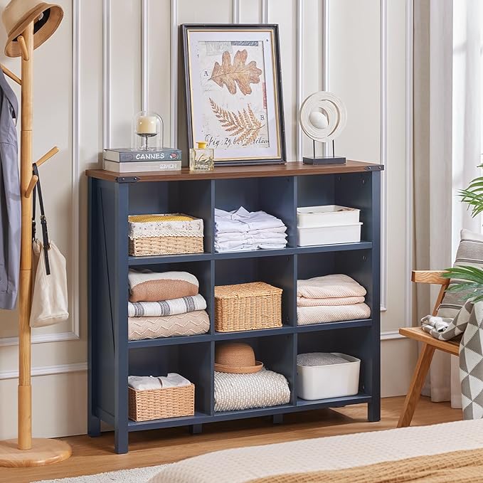 9 Cube Bookcase, Farmhouse 47 Inch Wide Navy Blue Bookshelf, Wooden 3 Tier Display Large Open Book Shelf, Vintage Horizontal Book Case for Home Office, Cubby Storage Cabinet for Living Room