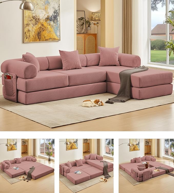 107" Oversized Convertible Sleeper Sofa Bed, Corduroy L Shape Sectional Couch, Folding Sofa Bed with Side Pocket, Modern Cloud Floor Mattress Couch, Modular Sofa for Living Room, Pink