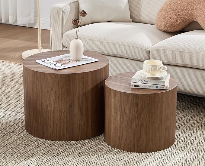CIMOTA Round Wood Nesting Coffee Table Set of 2, Modern Circle Travertine End Side Table Sets for Living Room, Walnut Wooden Color/No Assembling