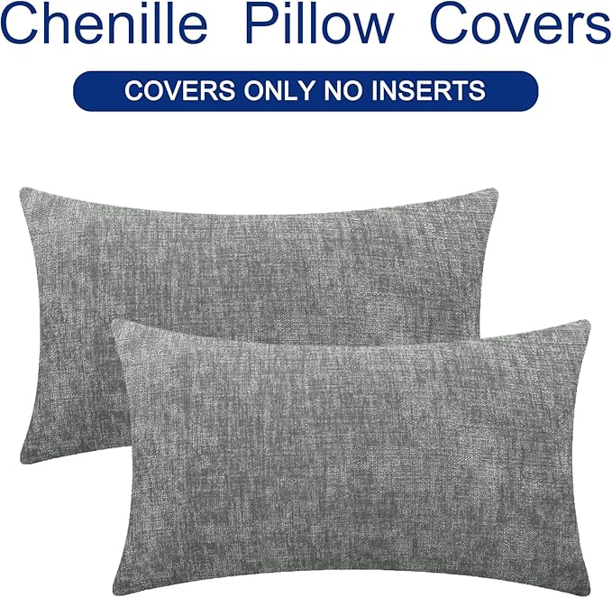 CaliTime Throw Pillow Covers Decorative 16 X 26 Inches Pack of 2 Cozy Chenille Cushion Cases for Couch Sofa Bed Living Room Home Medium Grey