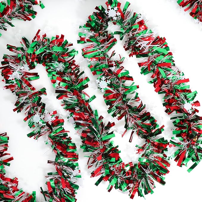 50 Feet Green Red Christmas Metallic Tinsel Twist Hanging Garland with Snowflake for Home Mantle Xmas Tree Staircase Railing New Year Holiday Party Indoor Outdoor Decorations