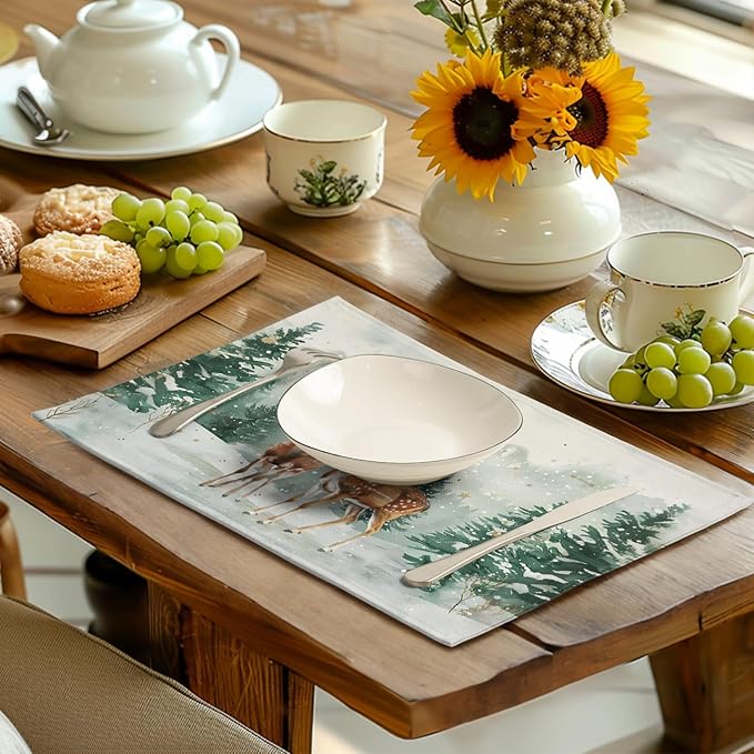 Christmas Watercolor Deer Trees Snowflakes Placemats Set of 4 Winter Rustic Nature Forest Linen Table Mat 12x18 Inch Seasonal Farmhouse Washable Place Mats for Dining Table Kitchen Xmas Decor