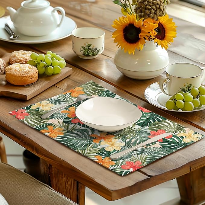 Tropical Palm Leaves Table Mats Set of 4 Summer Watercolor Hibiscus Flower Leaf Placement Mats for Dining Table Washable Non-Slip Heat Resistant Linen Place Mat 12×18 Inch