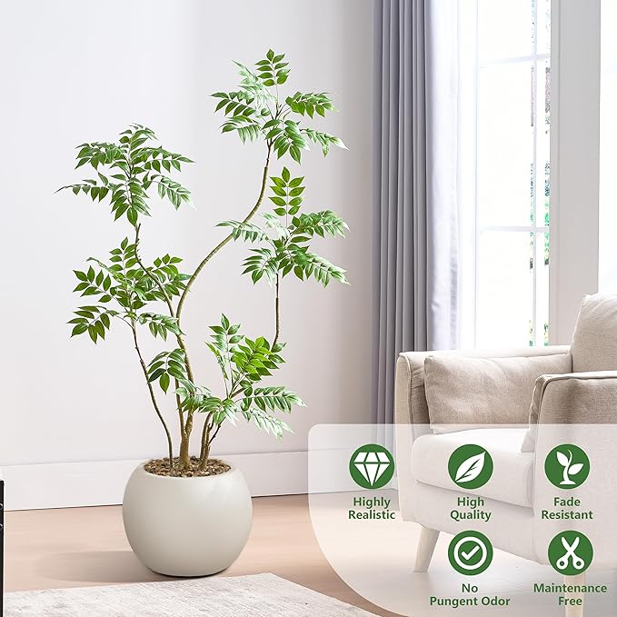 Artificial Mahonia Fortunei Tree 5FT,Tall Fake Plant Artificial Sumac Tree, Faux Plants Indoor Fake Plants Decor with Pots for Home Office Bathroom Bedroom Living Room Decorations Housewarming