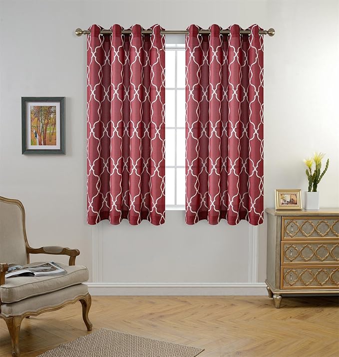 MIUCO Moroccan Embroidered Semi Sheer Curtains Faux Linen Grommet Curtains for Living Room 52 x 63 Inch 2 Panels, Burgundy