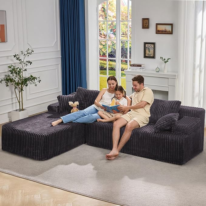Hobestluk Modular Sectional Sofa Couches 108" L-Shape Couch 3 Seat Modular Sofa Memory Foam Sectional Couches for Living Room, Boneless Couch with Oversized Chaise (Grey, Left Facing)