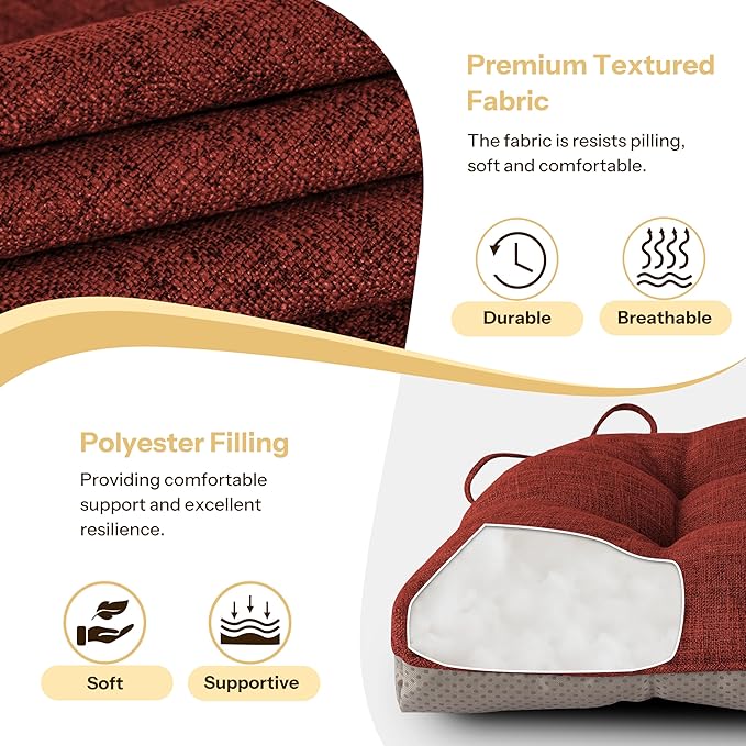 Non Slip Chair Cushions for Dining Chairs Set of 4 Kitchen Chair Cushions 18"x18"x3" Turfted Chair Pads Comfortable and Soft Seat Cushion with Ties, Rust