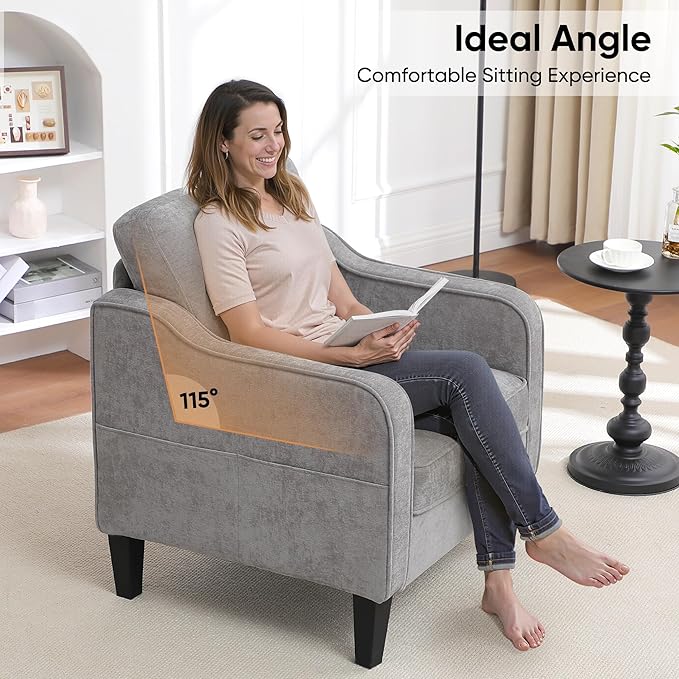 Accent Chair for Living Room, Mid Century Modern Reading Chair for Bedroom, Upholstered Armchair with Side Pockets, Comfy Single Sofa Side Chair for Office, Apartment, Small Room, Light Grey