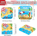Grencian 200Pcs Beach Party Supplies Hello Summer Party Plates and Napkins Disposable Summer Pool Paper Tableware Set for Hawaiian Beach Pool Birthday Baby Showe Decorations, Serves 50