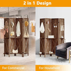 4 Panel Pegboard Display with 16 Hooks, Wooden Pegboard Room Divider Wall with Shelf, Rustic Room Dividers and Folding Privacy Screens, Bedroom, Jewelry Store, Brown