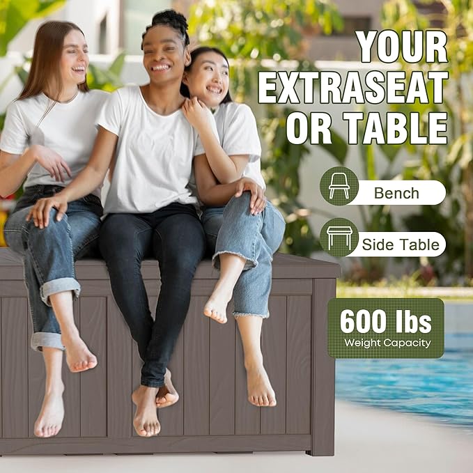 120 Gallon Patio Storage Box, Large Deck Box for Patio Furniture Covers, Cushion Pillows, Waterproof Outdoor Storage Bench for Towels, Garden Tools and Pool Accessories, Grey