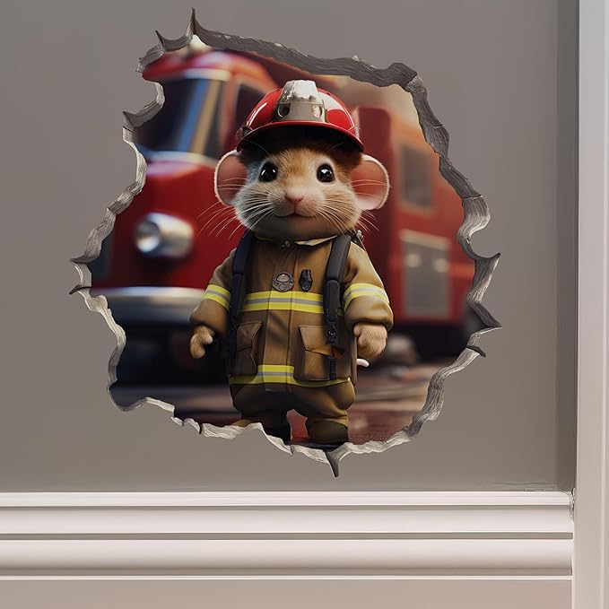 Firefighter Mouse in Mouse Hole Decal - Mouse Hole 3D Wall Sticker