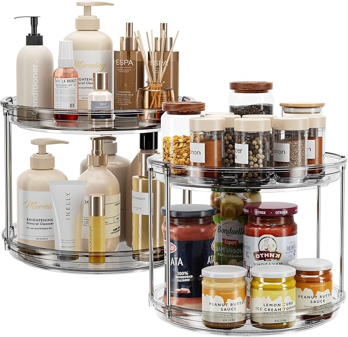 LAMU 2 Pack 2 Tier Lazy Susan Turntable Organizer 9.25'' Rotating Spice Rack Organization for Cabinet, Kitchen, Pantry, Countertop, Bathroom, Vanity, Medicine Cabinet Organizer, Grey