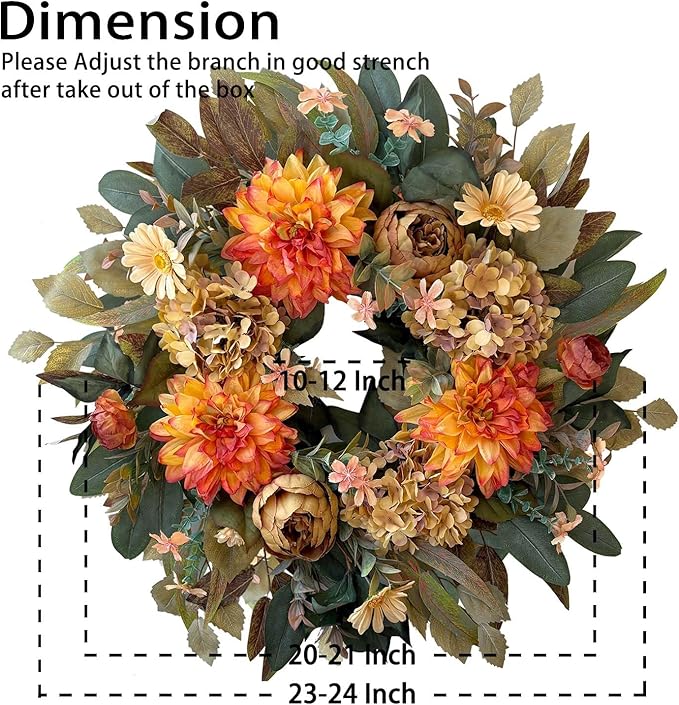 WANNA-CUL 24 Inch Spring Fall Wreaths for Front Door,Fall Wreath with Orange Hydrangea&Peony and Dahlia Flowers-Fall Decoration for Home-Large Fall Decor Door Wreath for Autumn,Harvest
