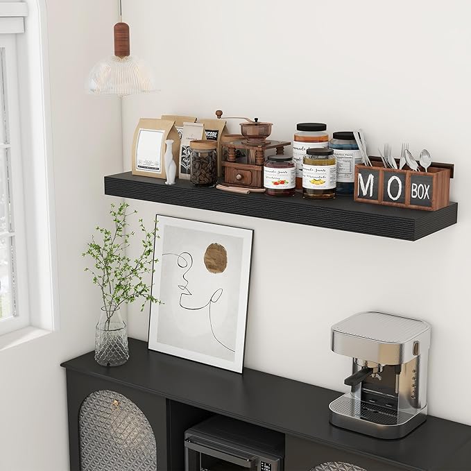 12'' Deep Floating Shelves, 48 Inch Large Floating Shelf Black, Deep Wall Shelves for Living Room Bathroom Laundry Room Bedroom Kitchen Home Office - Black