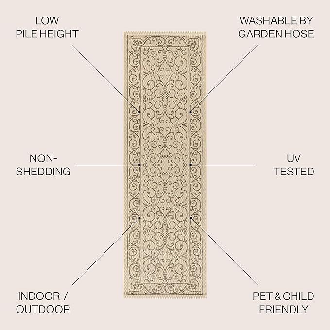 JONATHAN Y Vintage Filigree Indoor Outdoor Runner Rug 2X10 Beige/Brown, Charleston Textured Weave for Backyard, Patio, Porch, Easy-Cleaning, High Traffic, Pet-Friendly, Non-Shedding (SMB106A-210)