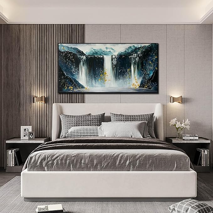 Waterfall Hand Painted Wall Art for Living Room - Mountains Wall Art for Office Decor - Landscape Big Wall Art for Living Room Size 29" x 59"